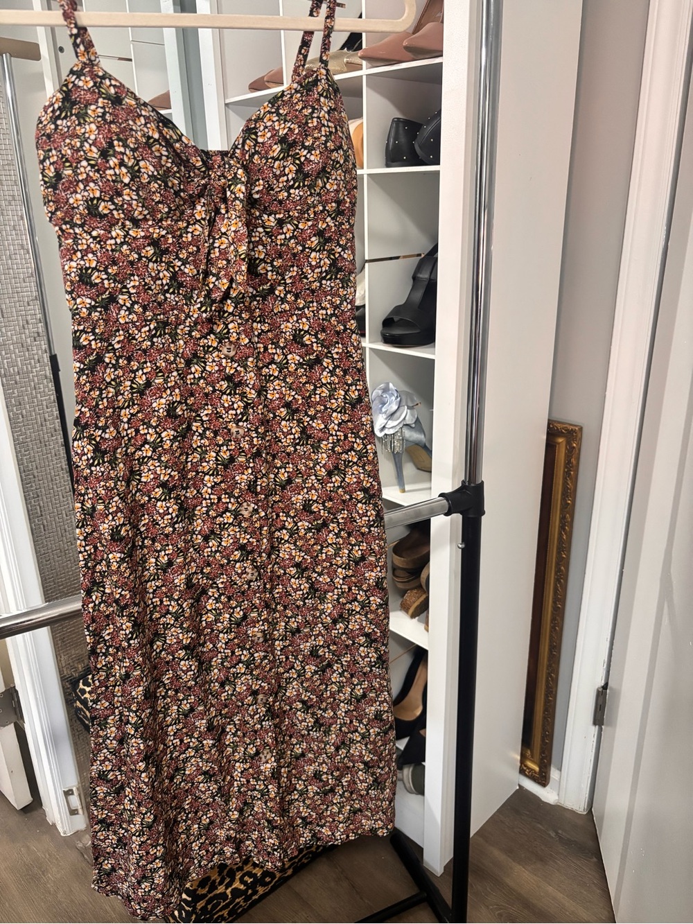 Floral Tie-Front Spaghetti Strap Midi Dress in Burgundy